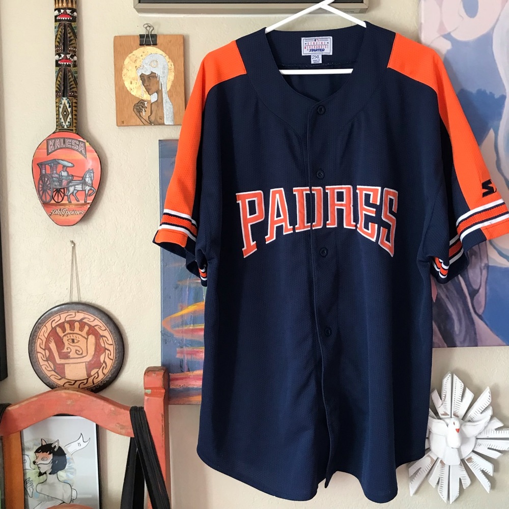 STARTER 90s VINTAGE SAN DIEGO PADRES BASEBALL JERSEY NAVY AND ORANGE MENS SZ XXL